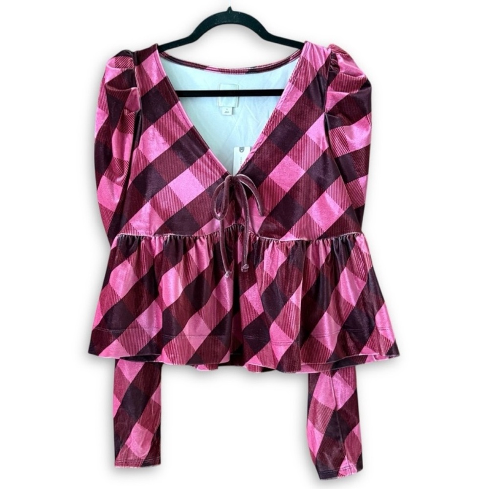 Anthropologie Maeve Pink Plaid Velvet Puff Sleeve Top Size Small